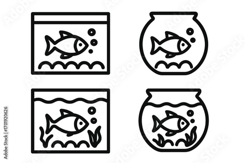 Aquarium and fishbowl icon set. Simple line art symbols of fish in a tank. Vector graphic collection for pet shop, aquatic life, and home pet concepts. Minimalist outline.