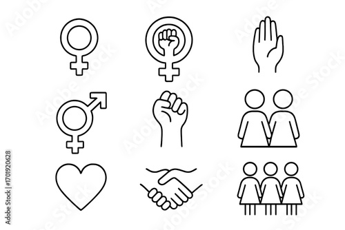 Feminism icons set. Line art collection of women's rights and gender equality symbols. Female power, sisterhood, protest fist, love and unity vector graphic illustrations.