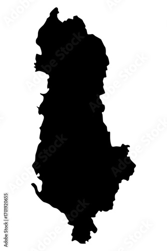 Vector map of Albania, a country in Southeast Europe. Detailed black silhouette, isolated on white background.