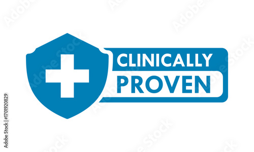 Clinically Proven label icon. A blue protection shield with a medical cross symbolizes tested quality, safety, and trust