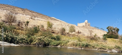 Scenic Riverbank on the Nile River, Aswan, A peaceful view from a boat on the Nile River, showing a lush, green riverbank contrasting with a barren, rocky hillside in the background.