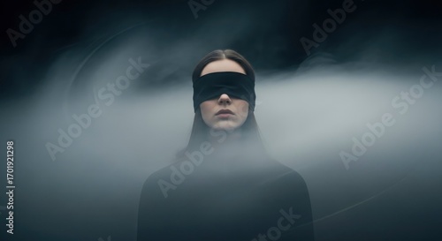 Mysterious young woman blindfolded in a smoky, dark environment, symbolizing uncertainty.