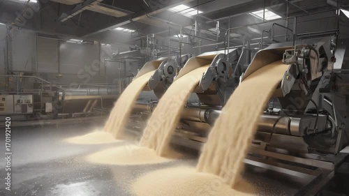 Sugar cascades from industrial food processing machinery onto the factory floor, creating a mesmerizing flow of granular sweetness in a modern food production facility