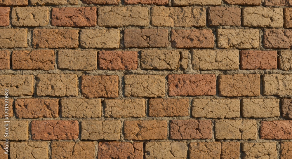 Obraz premium A close-up, realistic texture of a rustic, weathered brick wall, showcasing its natural imperfections and warm tones