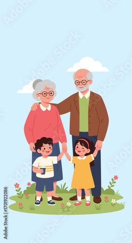 A happy intergenerational family gathering in a sunny outdoor meadow scene