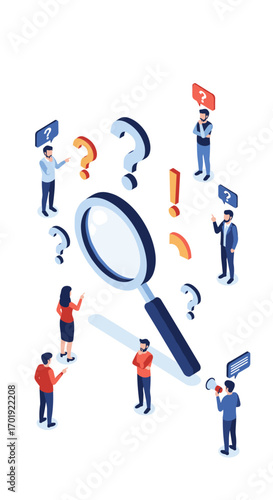 Uncertainty and questions people seek answers through magnifying glass illustration