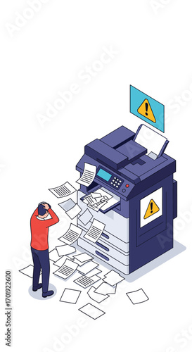 Frustrated person experiencing office equipment malfunction with paper jam and error alerts a common workplace problem