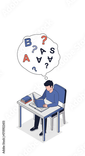 Student studying hard thinking about letters and symbols on laptop during homework session