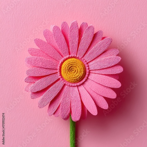 Close up view of a single pink flower with a yellow center against a solid pink background. The flower has a textured appearance.