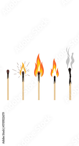 Illustration of the combustion process of a matchstick showing the stages of burning from ignition to ash formation