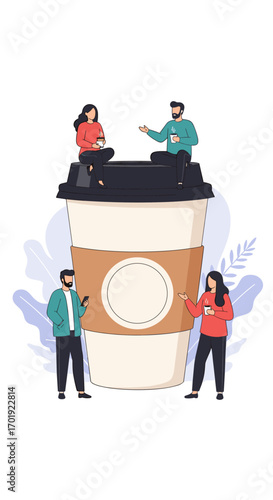 People enjoying coffee breaks and outdoor social gatherings with large takeaway cups as a backdrop