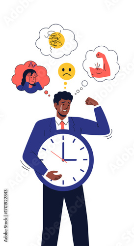 Man holding a clock represents the passage of time and personal growth towards a better future