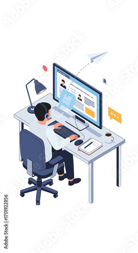 Remote worker engaged in online communication and task management from home office setup