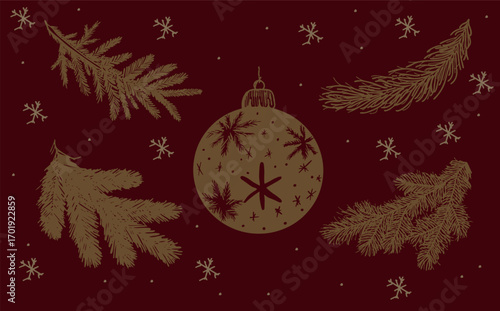 A greeting card with pine branches and a bauble
