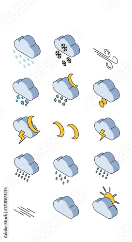 Collection of isometric weather icons representing various atmospheric conditions and phenomena for meteorological forecasting and applications