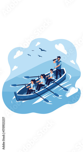 Teamwork and leadership in a rowing boat moving towards a bright future together