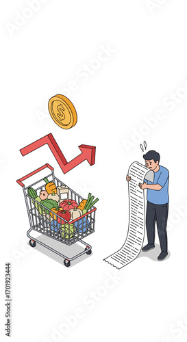 Man looks at long grocery receipt with concerned face as shopping cart full of groceries and rising price arrow suggests inflation impact