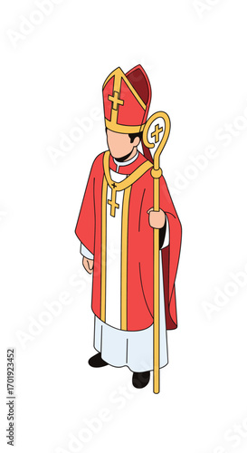A religious official in ceremonial robes and hat holding a staff