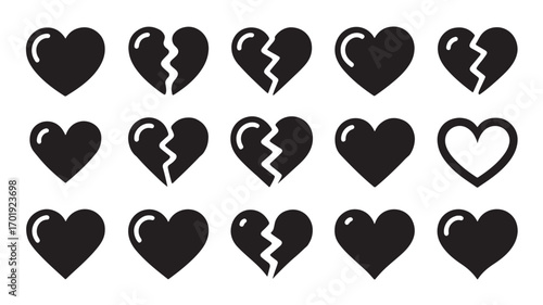 Collection of whole and broken hearts icons representing love heartbreak and relationships