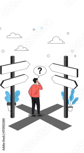 A person stands at a crossroads contemplating which direction to take with many uncertainties ahead