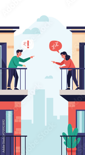 Neighbors arguing across balconies in a city cityscape illustration with speech bubbles showing anger and frustration
