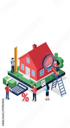 Real estate appraisal process examining house value with financial tools and professional assessment