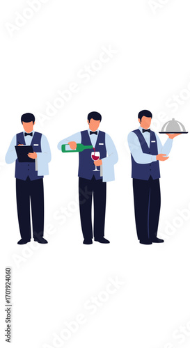Three waiters in uniform performing various service tasks in a restaurant setting