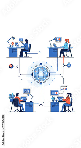 Illustrating the interconnectedness of remote teams collaborating on digital projects through advanced network technology