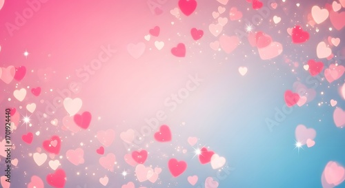 Romantic pink and blue gradient background with floating hearts and sparkles
