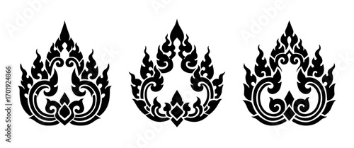 Set of Thai Tribal Tattoos, Traditional Kanok Art Flame Vector Silhouettes for Muay Thai Logo
