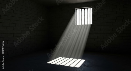 Solitary confinement cell with dramatic light beams streaming through barred window onto floor