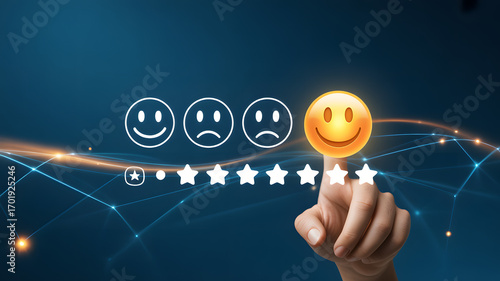 Customer Satisfaction Illustration: The visual representation of a customer's experience, represented through an interactive user interface with a finger choosing the most positive review.