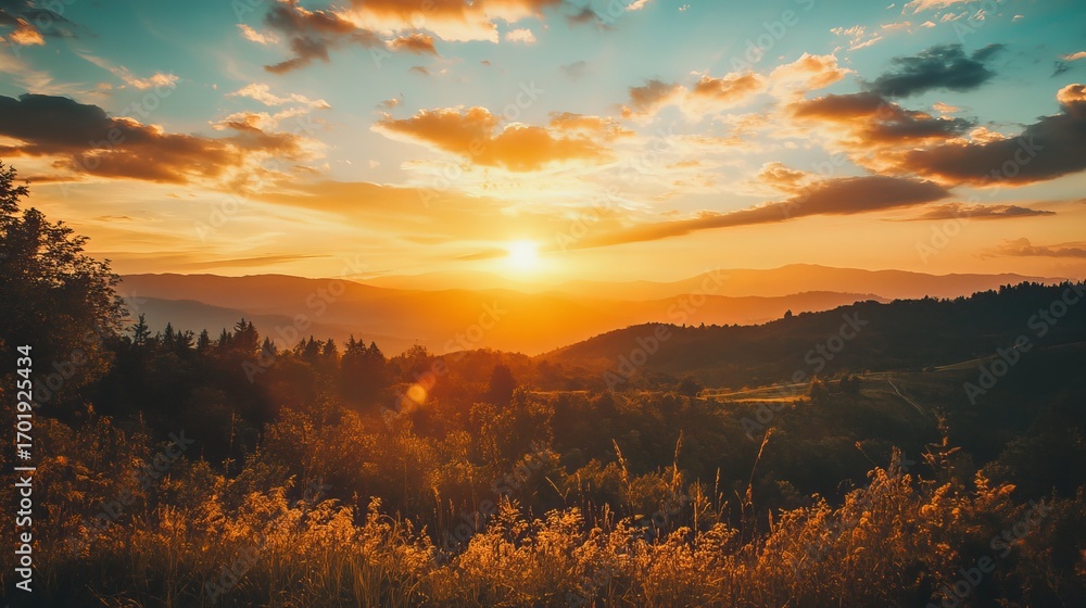 Fototapeta premium Golden sunset over mountain range