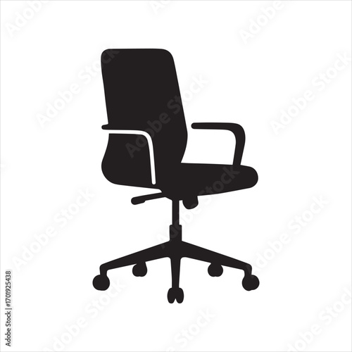 A sleek black ergonomic office chair with wheels, isolated on a white background, is comfortable business furniture.