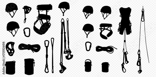 Silhouettes of essential climbing and caving gear, featuring helmets, harnesses, ropes, carabiners, and descenders, arranged on a transparent background.