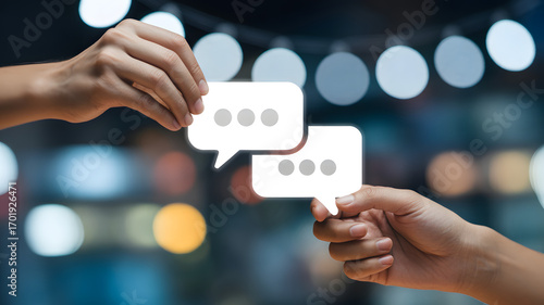 Dialogue Bubbles: Two hands delicately hold speech bubbles. capturing the essence of communication, discussion, and the sharing of thoughts and ideas.