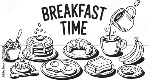 A Delicious Collection of Breakfast Foods Including Pancakes, Eggs, Croissants, Toast, Fruit, and Coffee, Perfect for a Morning Meal or Food-Related Design Projects