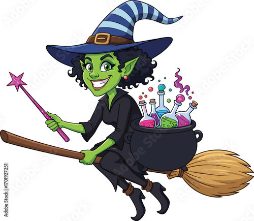 Cartoon Green Witch Flying on Broom with Magic Potions – Halloween Fantasy Character