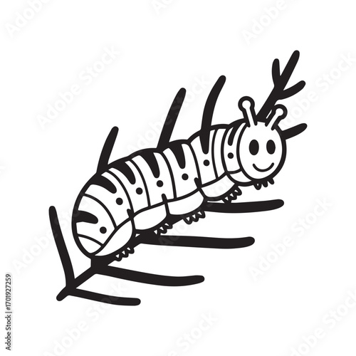  Caterpillar Crawling Along Leaf Edge with Bold Line Silhouette on white Background. 
