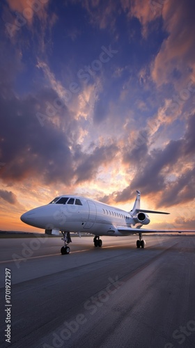 Private jet on runway during sunset near airport