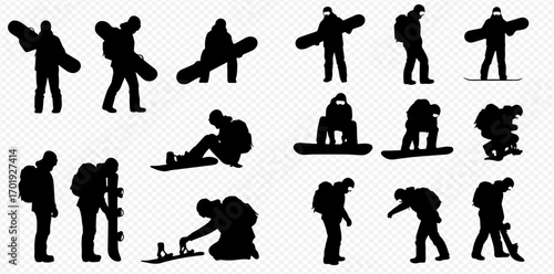 A collection of black silhouettes showcasing individuals engaged in snowboarding, from carrying their boards to adjusting equipment and preparing for the slopes.