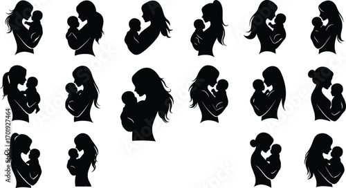 mother, baby, silhouette, woman, child, hug, care, love, family, parenting, maternal, affection, bond, icon, vector, black, white, emotion, nurture, pose
