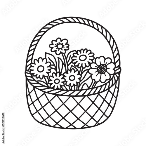 Charming Basket of Fresh Daisies and Zinnias Silhouette on white Background.