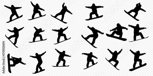 Collection of black snowboarder silhouettes in various dynamic action poses and movements.