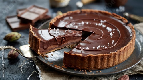Fototapeta Naklejka Na Ścianę i Meble -  Rich chocolate dessert tart with glossy ganache topping and sea salt flakes on dark ceramic plate, slice being lifted with silver server