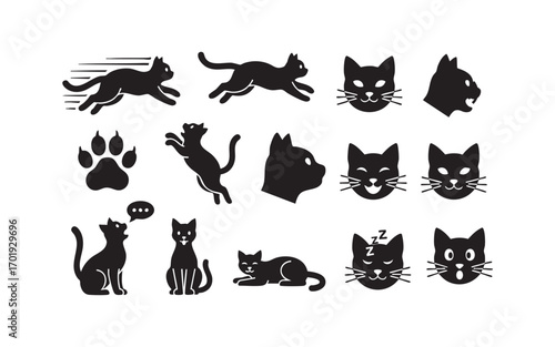 A collection of various feline silhouettes, including black cats, in a vector illustration set perfect for pet lovers and Halloween designs