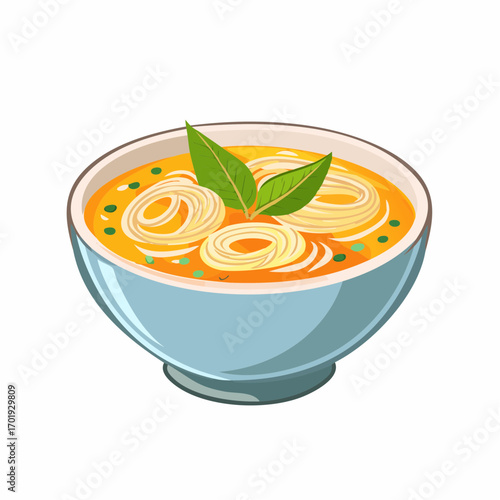 Vibrant illustration of a bowl of noodle soup featuring white noodles orange broth and fresh basil