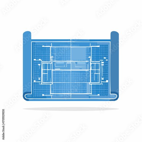 Architectural Blueprint Illustration Design of Interior Space, House Floor Plan, on Blue Paper, Architectural Design