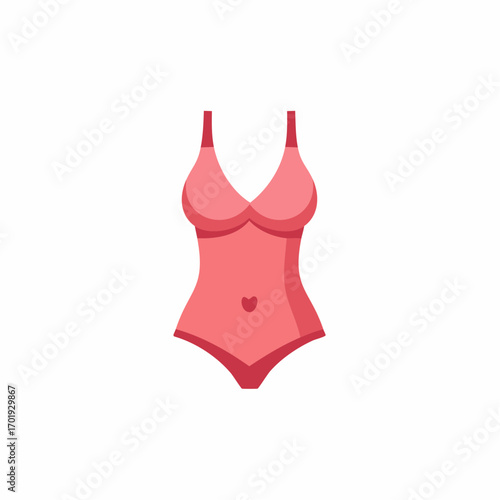 Flat design coral one-piece swimsuit with v-neck and heart accent