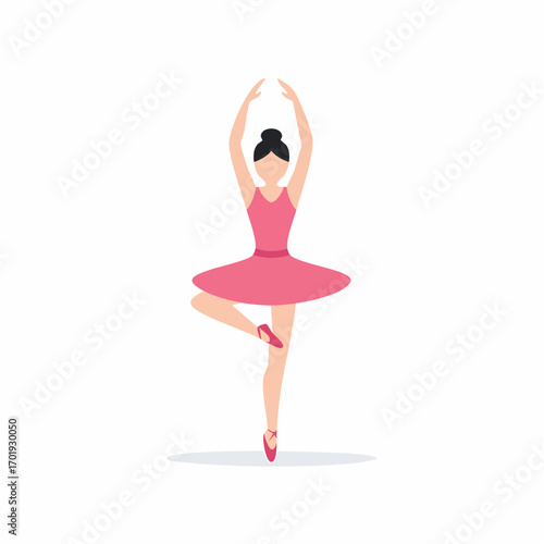 Ballet dancer in pink dress performing pose, arms raised up elegantly